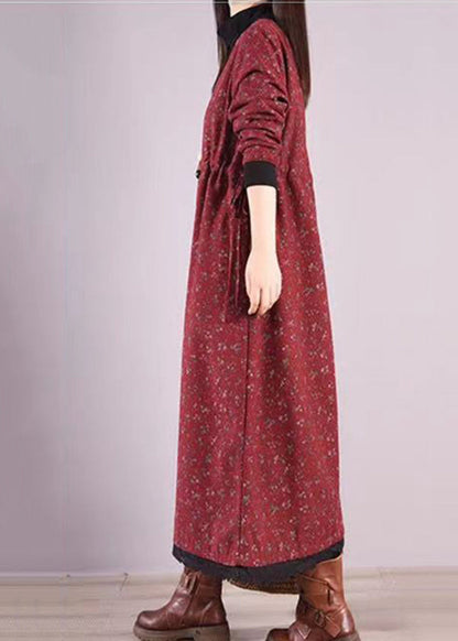 Red Print Drawstring Patchwork Warm Fleece Dresses Winter
