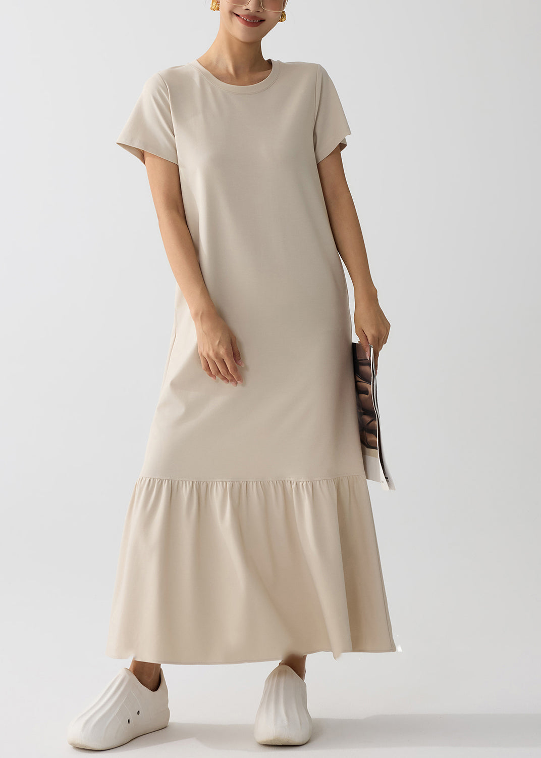 Apricot O-neck Patchwork Cotton Holiday Dress Summer