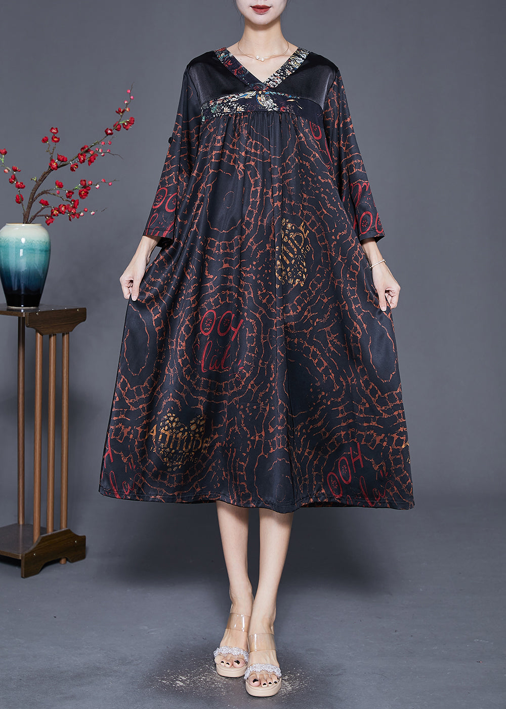 Black V Neck Patchwork Print Silk Dress Fall