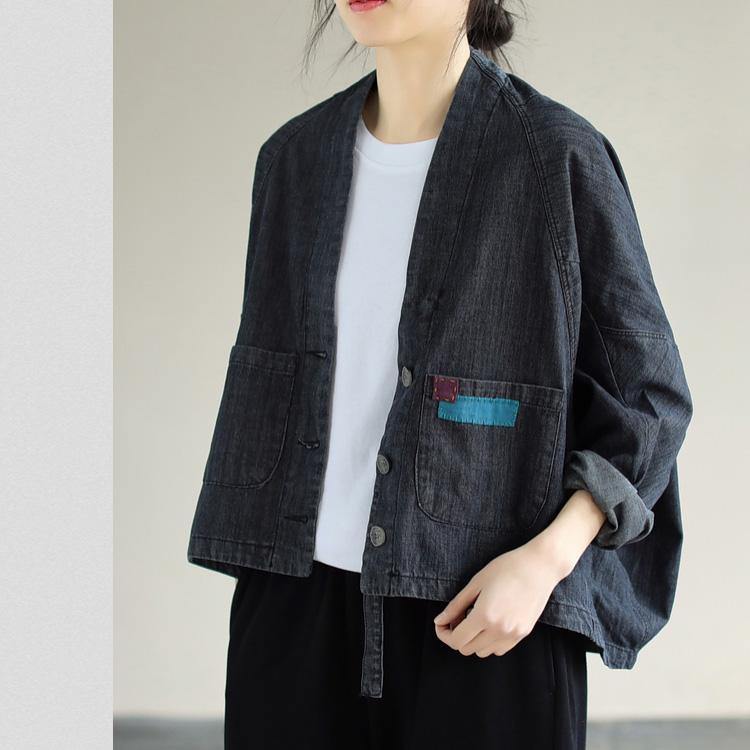 Denim Black Coats V Neck Button Down Spring Coats