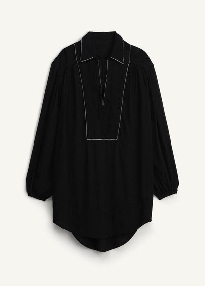 Organic Black Peter Pan Collar Lace Up Cotton Tops Fall