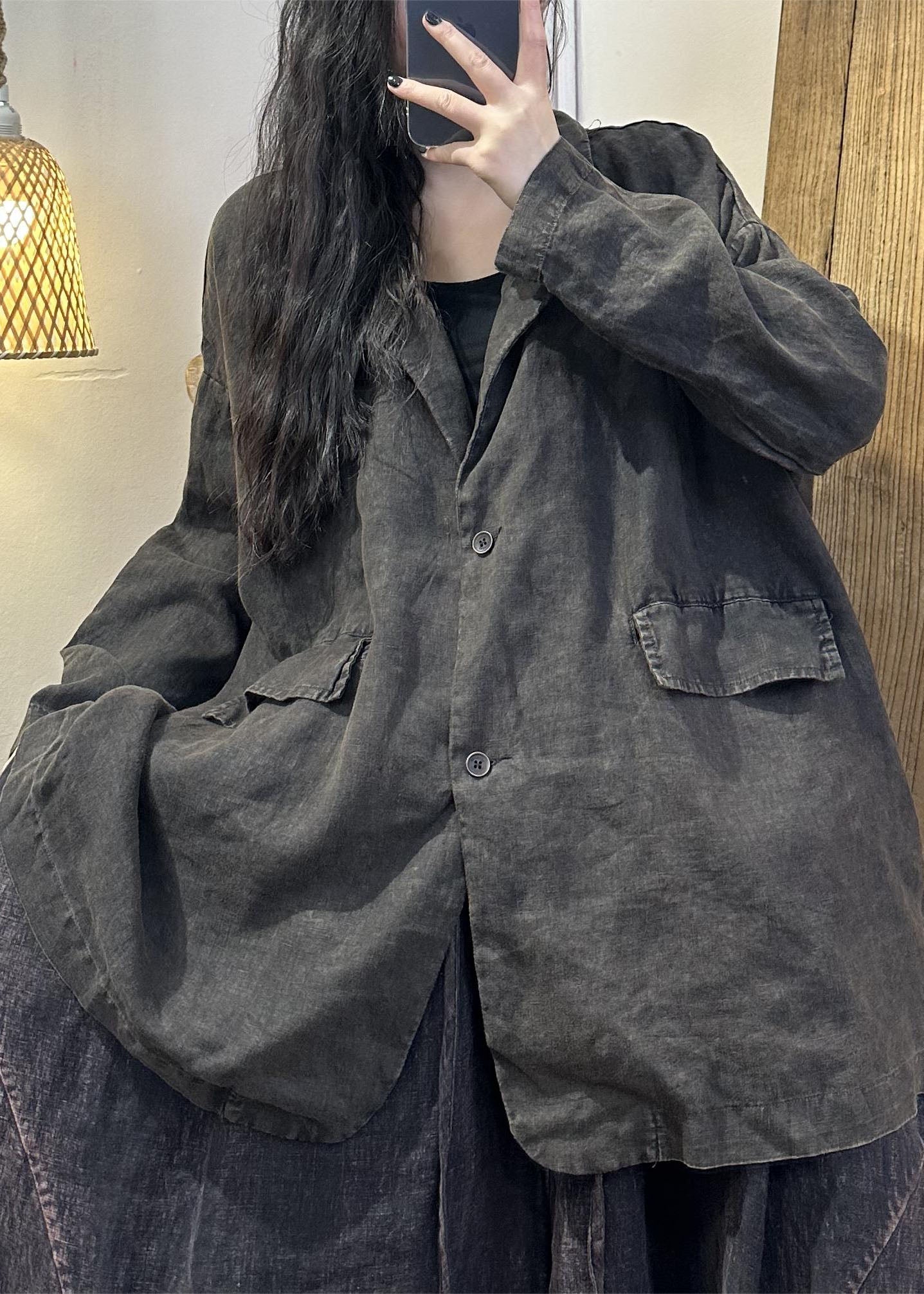 Coffee Patchwork Button Linen Coats Long Sleeve Fall