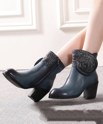 Blue Boots Chunky Cowhide Leather Zippered Splicing