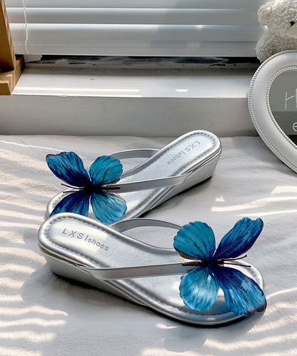 New Silver Butterfly Faux Leather Wedge Flip Flops