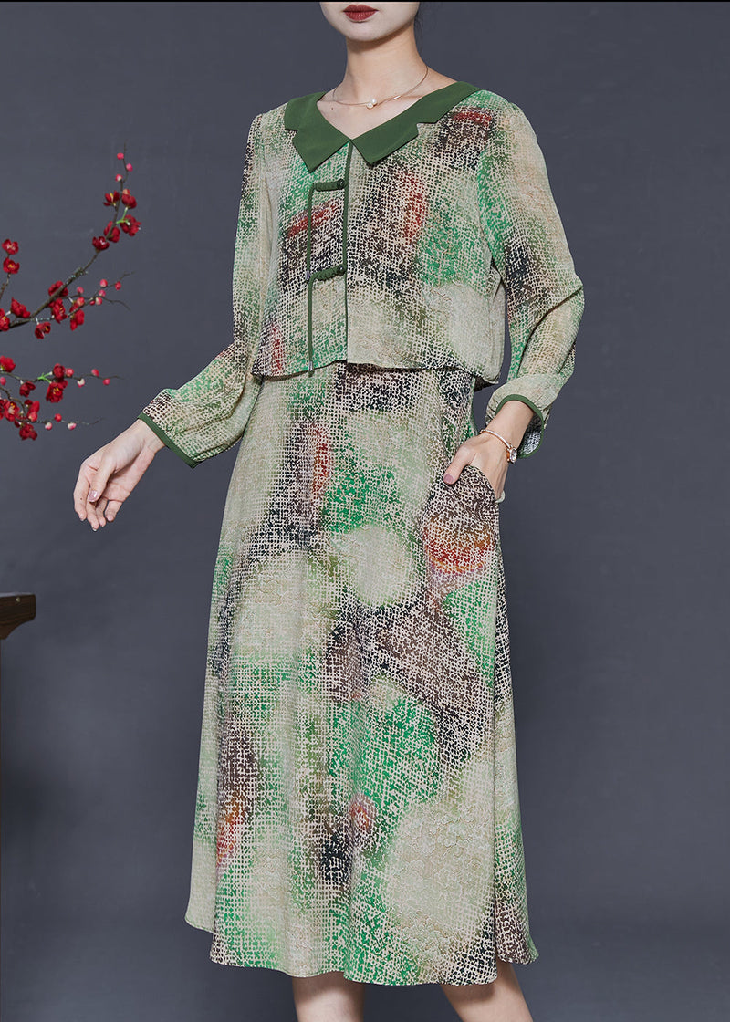 Green Tie Dye Chinese Button Chiffon Fake Two Piece Dress Spring