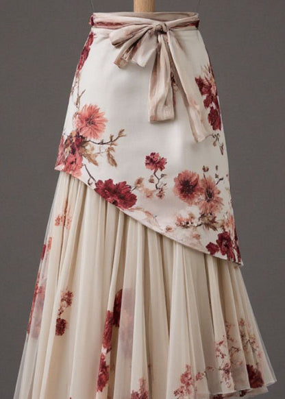 Apricot Patchwork Tie Waist a Line Skirts Summer
