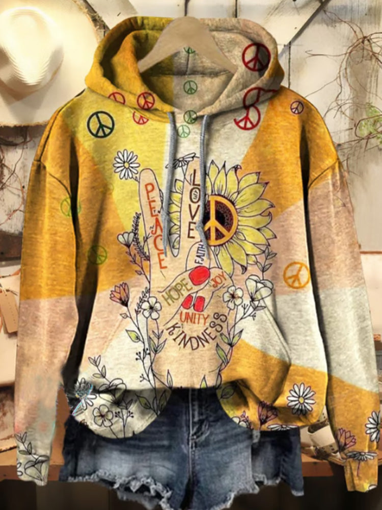 Comstylish Women's Retro Hippie Print Hoodie Sweatshirt