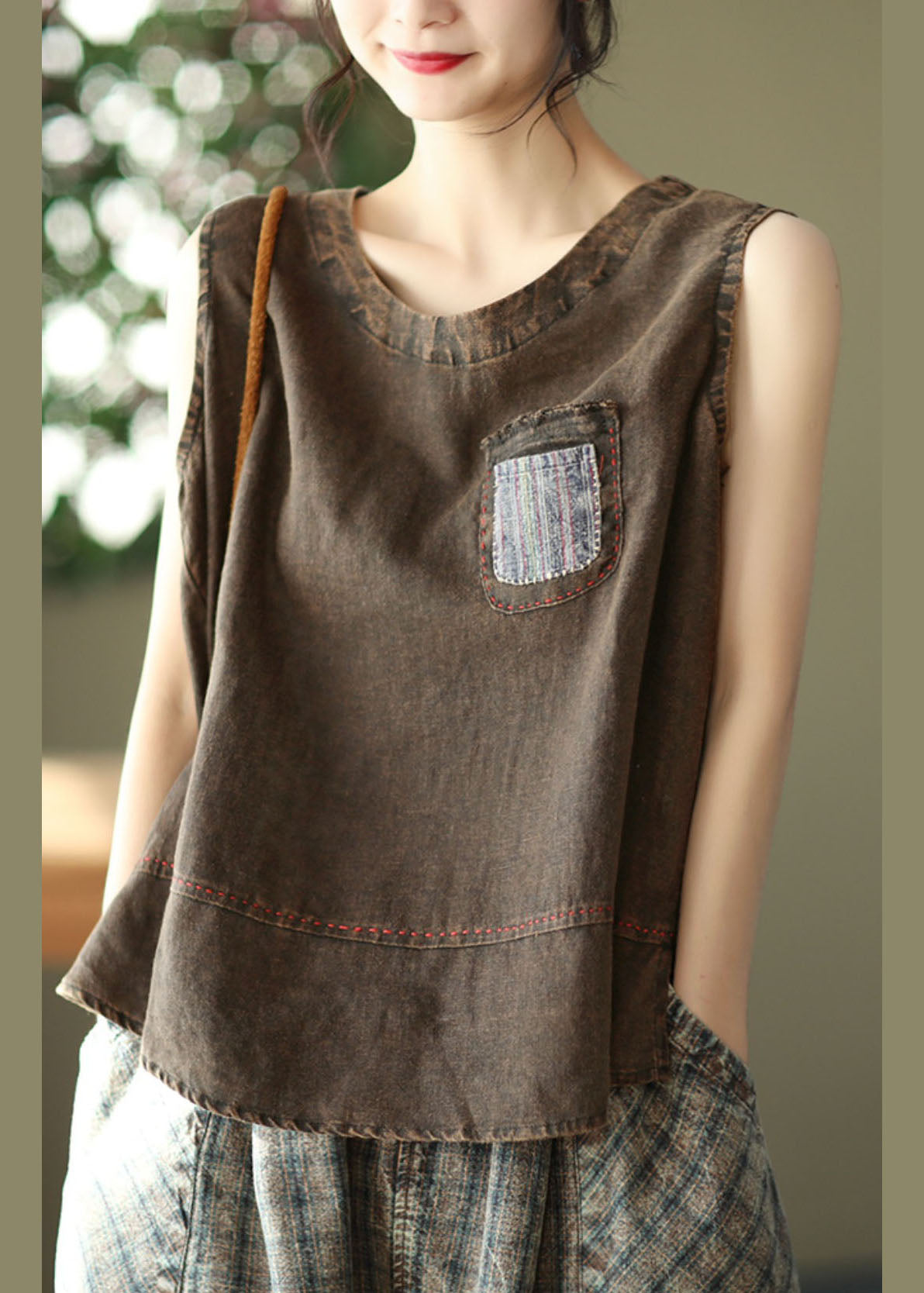 French Chocolate O-neck Patchwork Linen Tank Tops Sleeveless