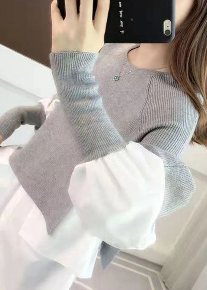 Grey O Neck False Two Pieces Patchwork Knit Sweater Top Fall