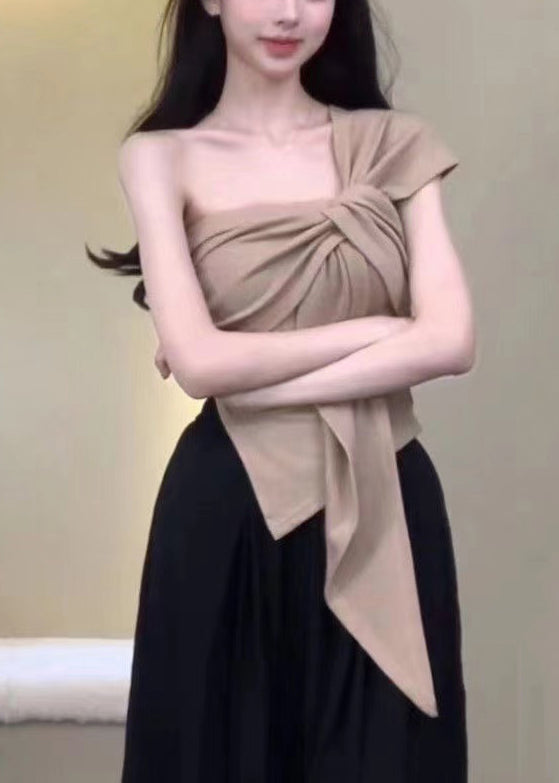 Khaki Asymmetrical One Shoulder Cotton T Shirt Sleeveless