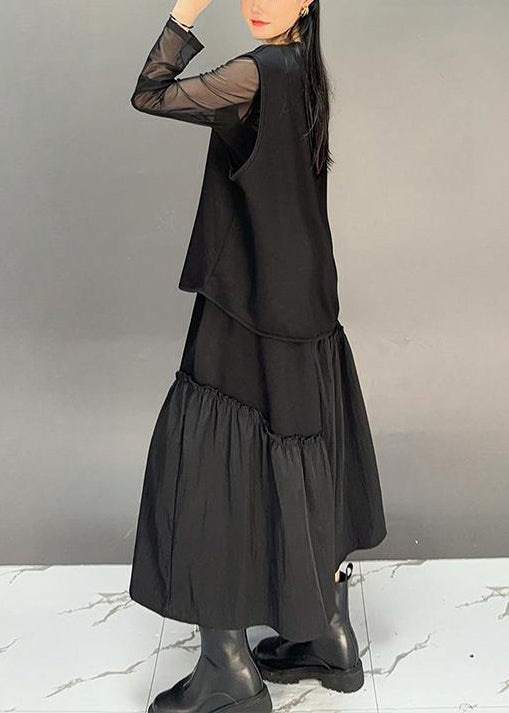 French Black Asymmetrical Ruffled Waistcoat and Skirts Two-piece Set Sleeveless