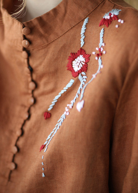 Navy Stand Collar Embroideried Button Linen Shirts Long Sleeve