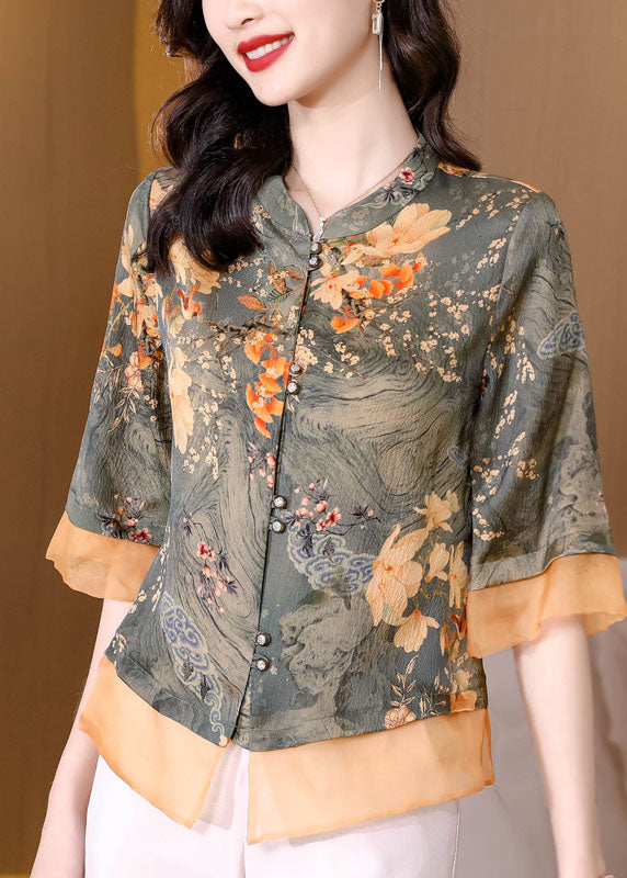 Slim Fit Light Green O-neck Print Button Tulle Patchwork Silk Blouse Tops Short Sleeve