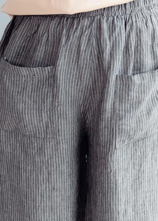 Grey Striped Pockets Wide Leg Fall Pants
