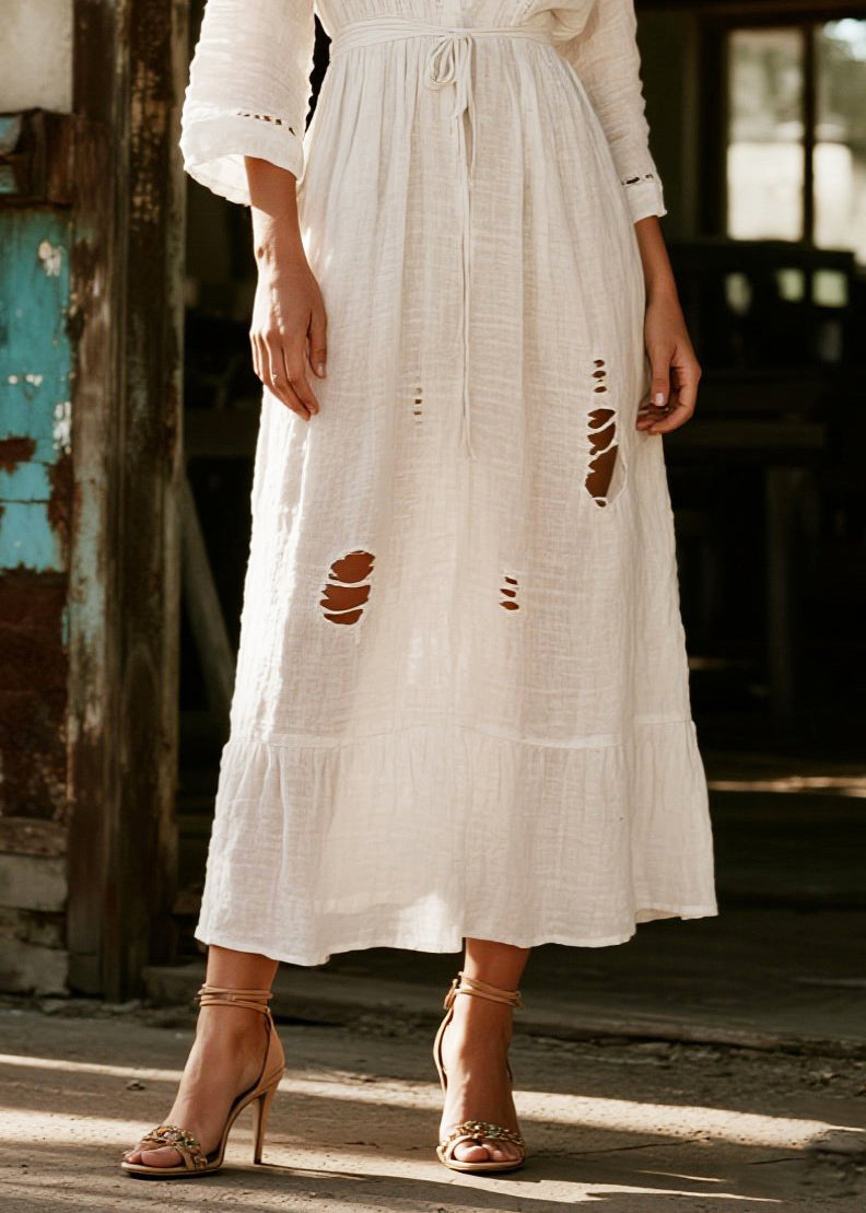 White V Neck Hollow Out Cotton Vacation Dresses Spring