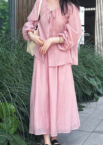 Pink Lace Up Shirt and Skirts Silk Fall Two Pieces Set Wrinkled