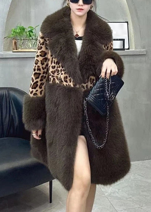 Loose Leopard Fur Collar Button Leather and Fur Coat Long Sleeve