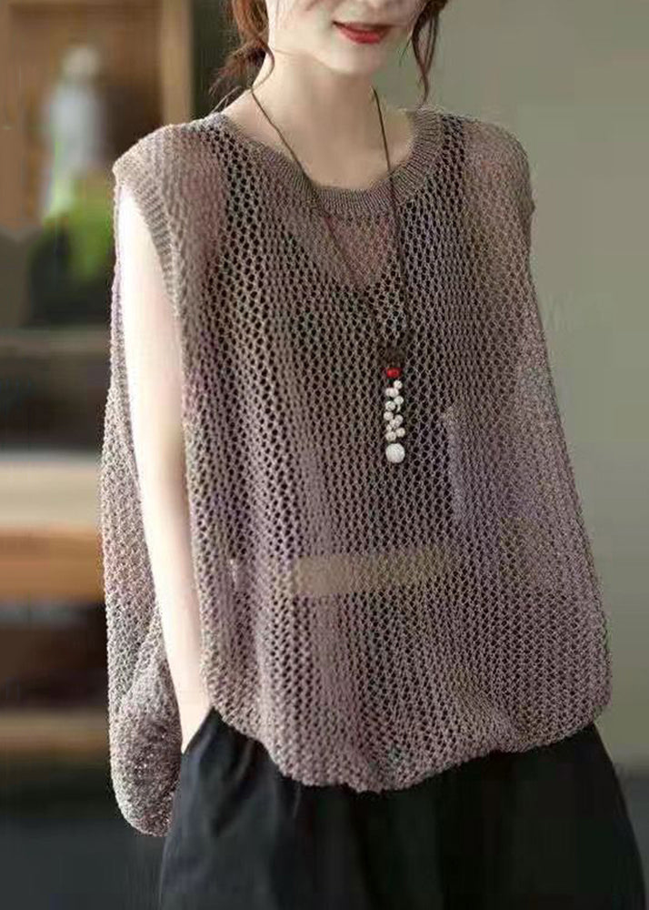 Loose Brown O Neck Hollow Out Knit Vest Sleeveless