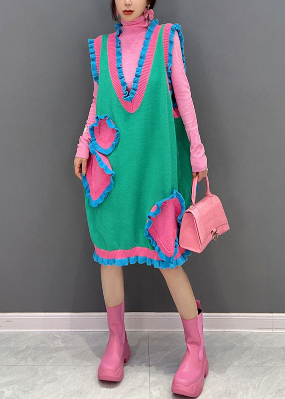 Novelty Green V-neck Patchwork Ruffles Knit Dress Sleeveless