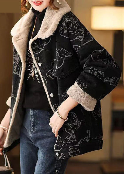 Black Print Button Patchwork Warm Fleece Coat Winter