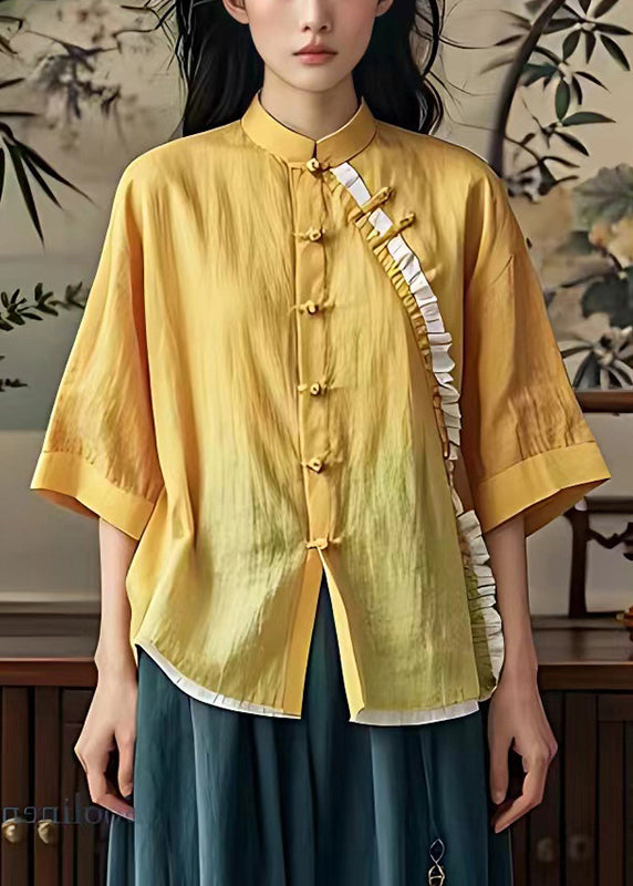 Yellow Ruffled Chinese Button Linen Shirt Summer