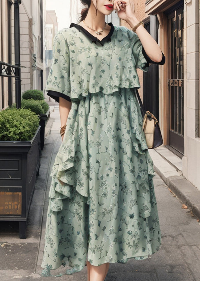 Green Ruffled Print Silk Fake Two Piece Dresses Summer