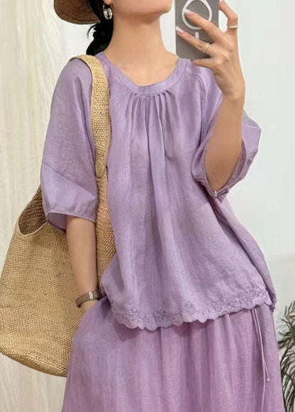 Art Green Wrinkled Lace Linen Blouse Half Sleeve
