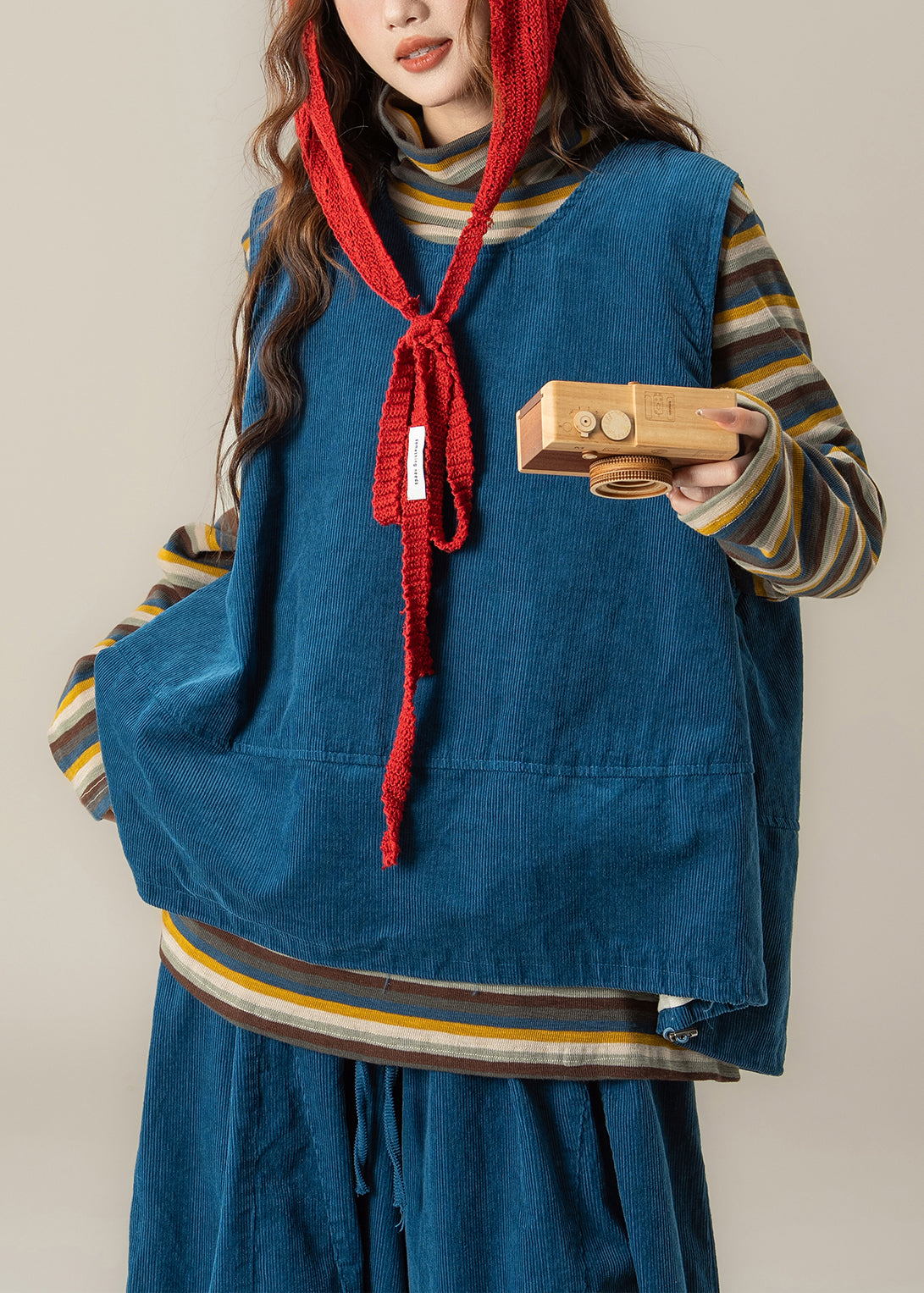 Handmade Blue O Neck Vest T Shirt Pants Corduroy Sets 3 Pieces Spring