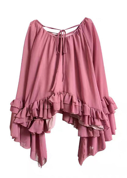 Organic Pink O-neck Tie Lace Chiffon Shirts Flare Sleeve