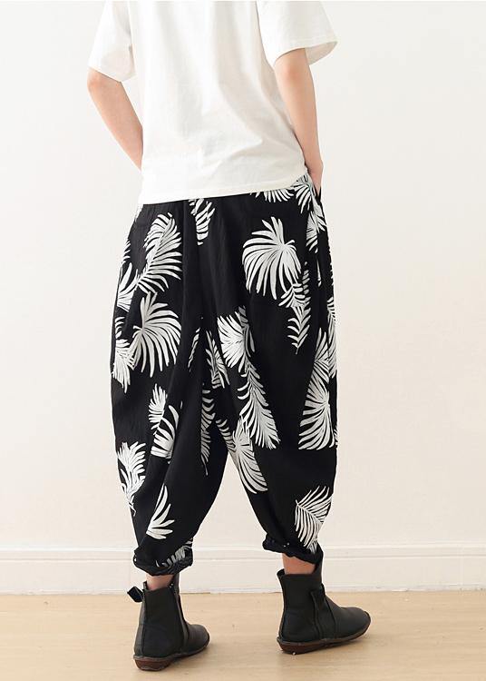 White Print Elastic Waist Cotton Pants