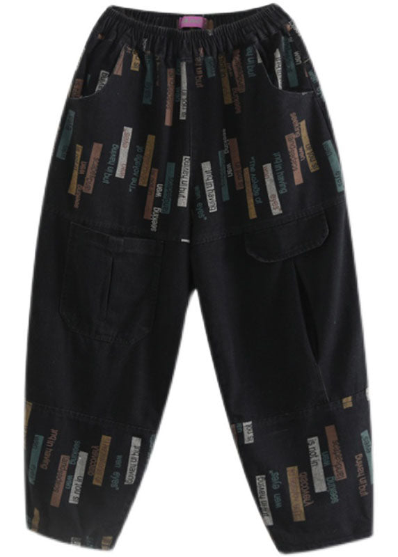 Fitted Black Elastic Waist Print Denim Pants Spring