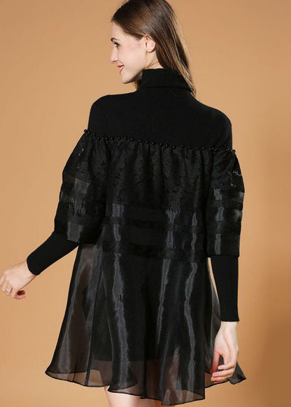 Black Turtle Neck Nail Bead Patchwork Organza Knit Dresses Spring