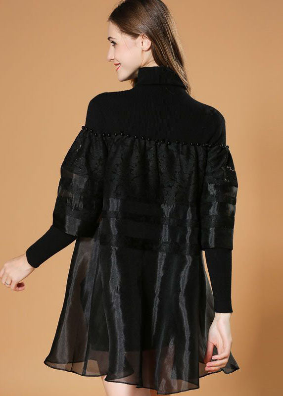 Black Turtle Neck Nail Bead Patchwork Organza Knit Dresses Spring