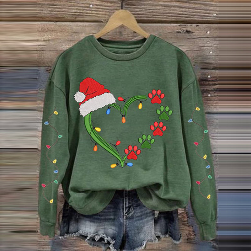 Comstylish Women's Christmas Lights Dog Paw Print Round Neck Sweatshirt