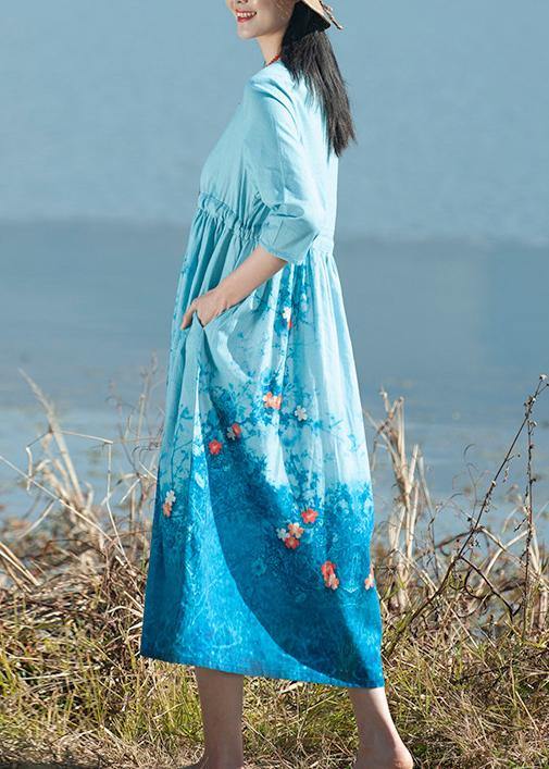 Simple Blue Print Clothes O Neck Tie Waist Dresses Spring Dresses