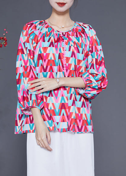 Red O-neck Print Button Chiffon Blouse Top Bracelet Sleeve