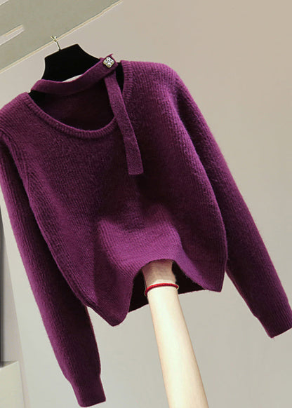 Purple O-neck Cozy Cotton Knit Sweaters Winter