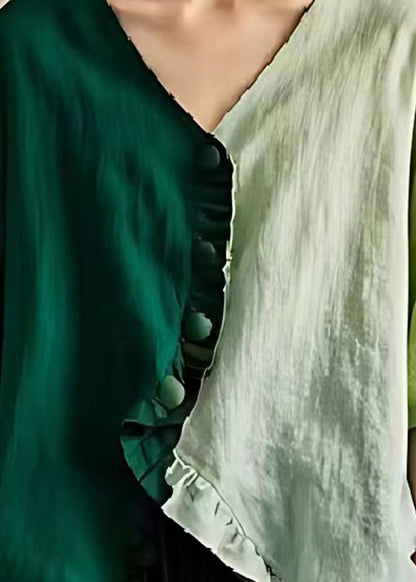 Colorblock Ruffled Asymmetrical Design Linen Top Summer