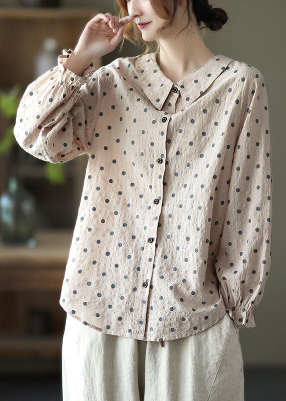 Grey Button Ruffled Dot Fall Shirt Tops Long Sleeve