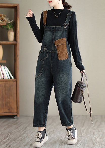 Dark Blue Pockets Patchwork Denim Jumpsuits Spring