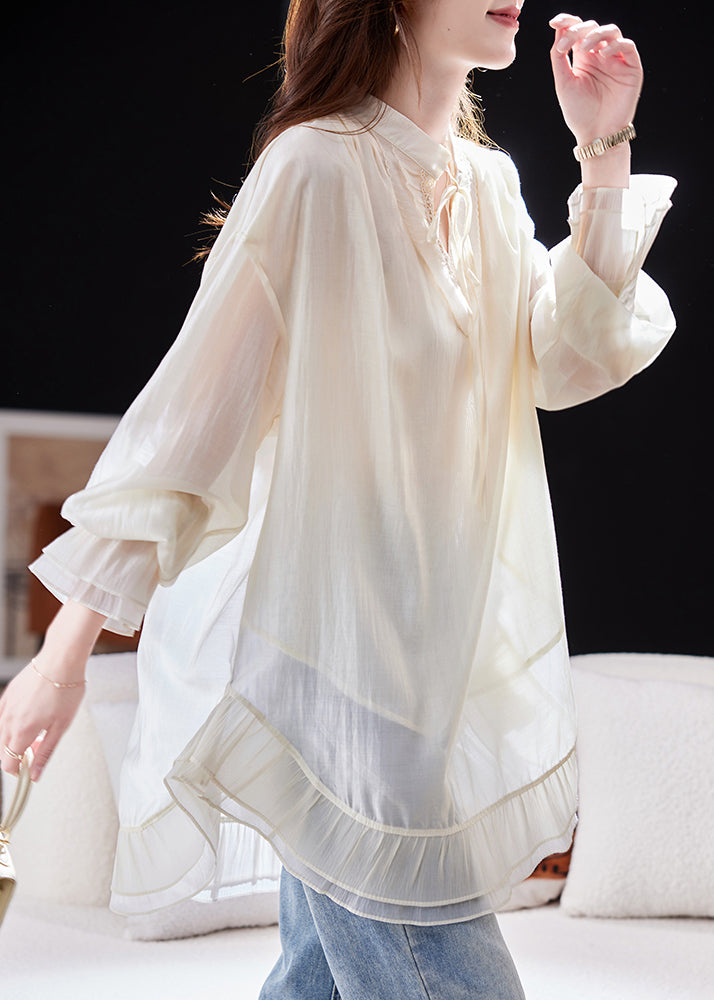 Apricot Patchwork Tie Lace Apricot Chiffon Shirt Flare Sleeve