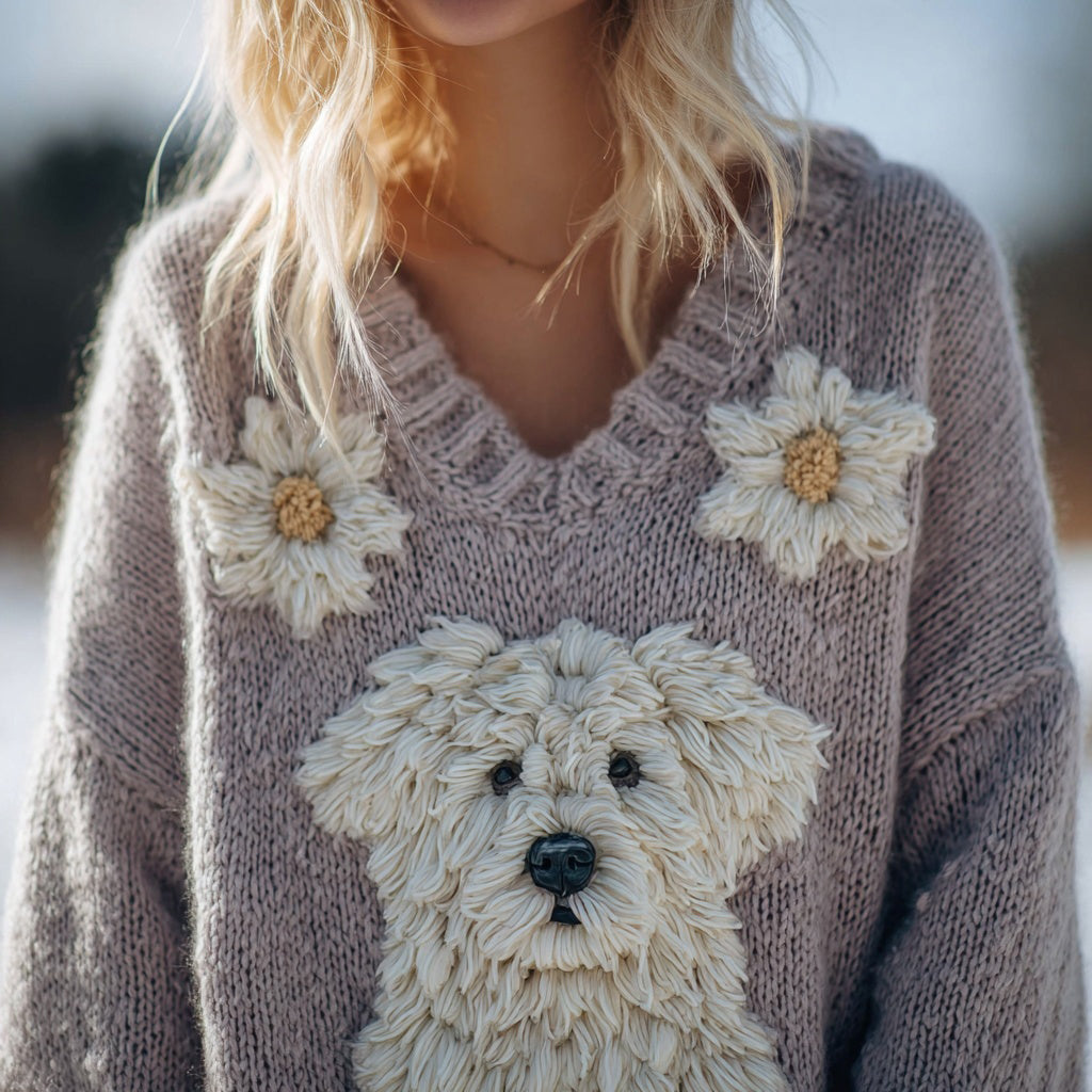 Comstylish Cute Floral Dog Embroidered V Neck Cozy Sweater