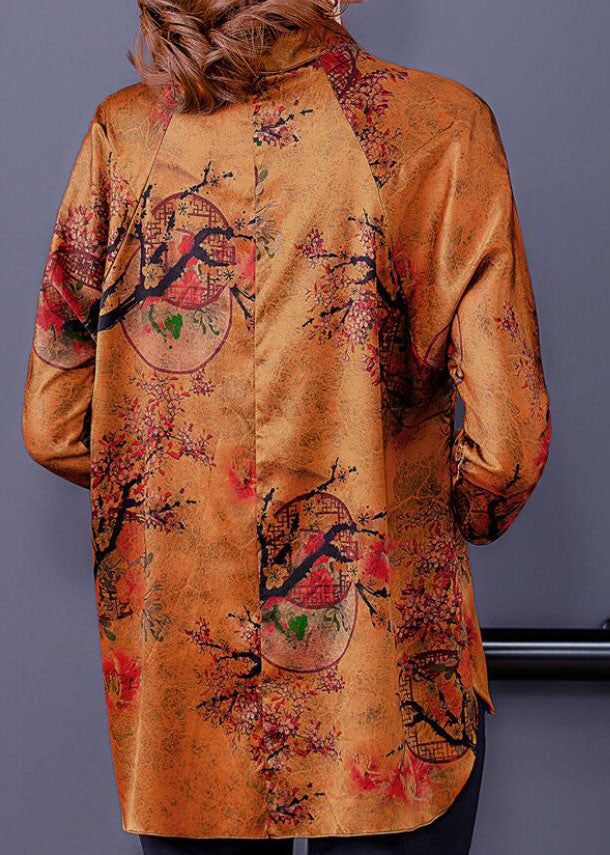 Ginger Stand Collar Side Open Print Silk Blouse Top Spring