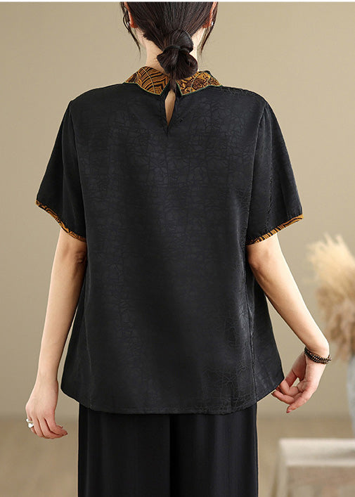 Black Stand Collar Embroidered Silk Shirt Top Summer