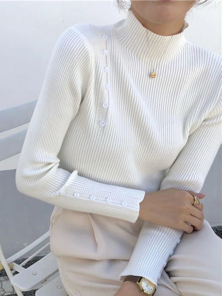 JO | MW - Elegant sweater with decorative buttons and stand-up collar