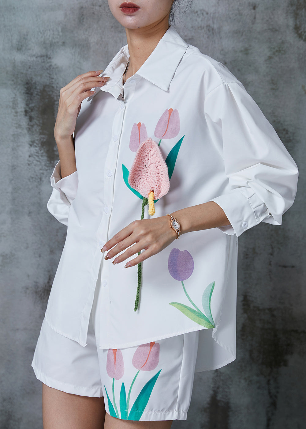 White Print Knit Cotton Two Pieces Set Summer
