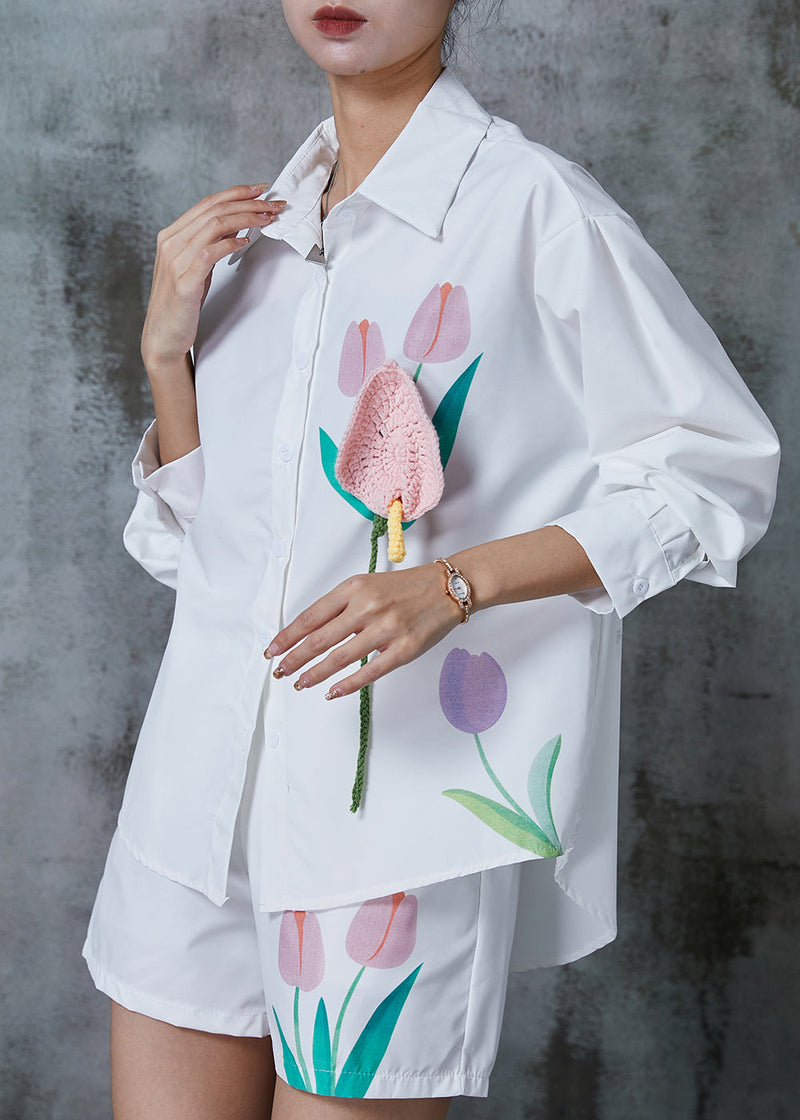 White Print Knit Cotton Two Pieces Set Summer
