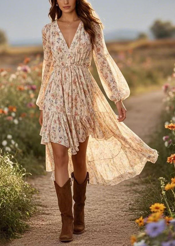 Diy Apricot Print Wrinkled Party Chiffon Maxi Dress Spring