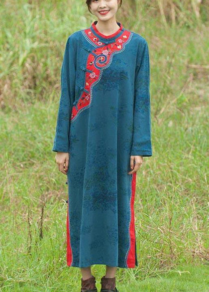 Stand Collar Spring Tunics Pattern Blue Embroidery Long Dresses