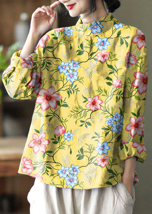 Stylish Gray Flower Embroidered Retro Linen Blouse Tops Spring